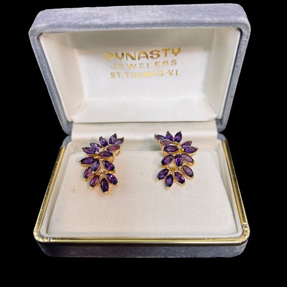 14K Yellow Gold, Diamond And Amethyst Climber Pierced Earrings Signed CKC (4941)